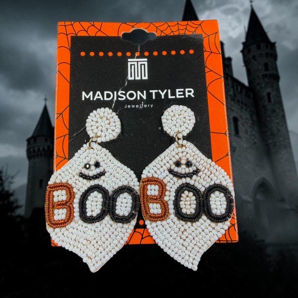 Madison Tyler BOO Ghost Beaded Earrings Halloween Spooky Statement Drop NWT